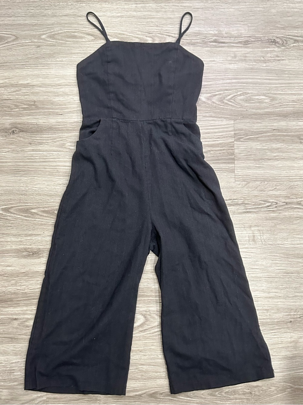 Women’s Linen Blend Black Spaghetti Strap Wide Leg Jumpsuit Ally Fashion Size 8